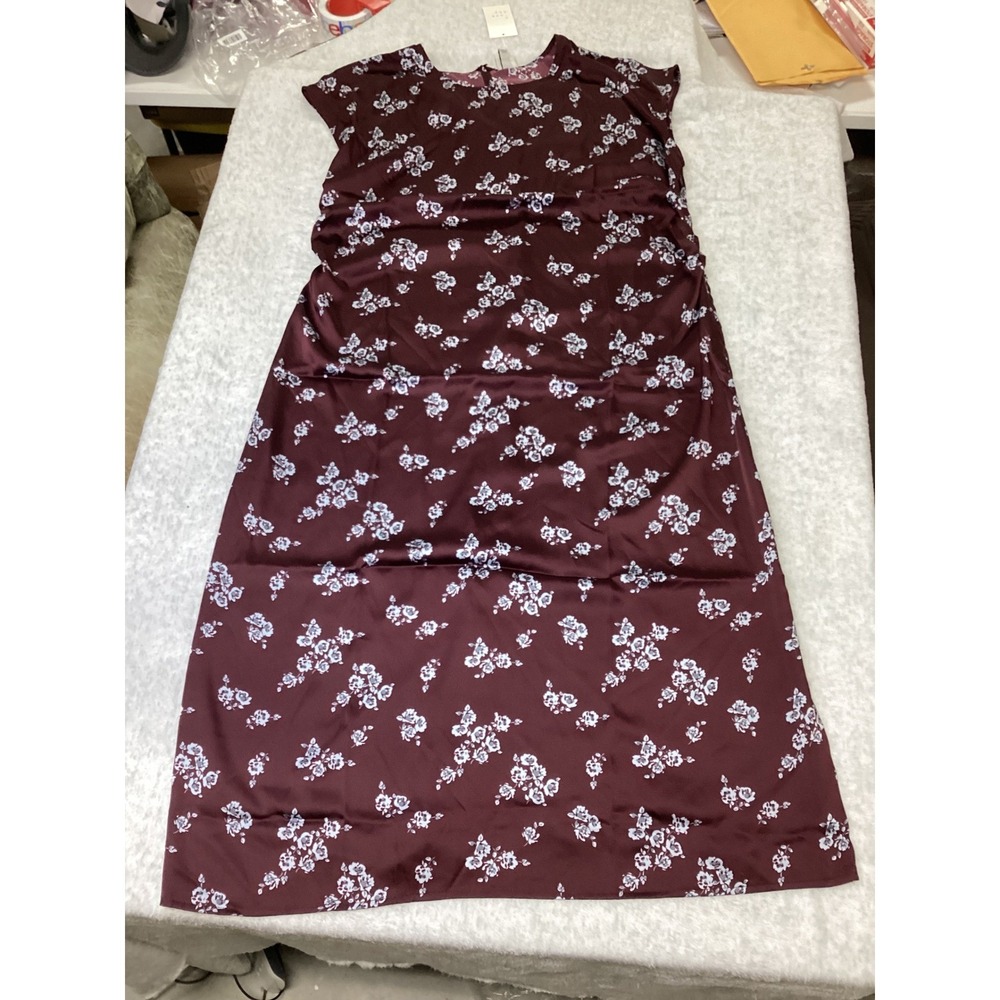 A New Day Womens 1X Burgundy Blue Floral Satin Sleeveless Midi Dress